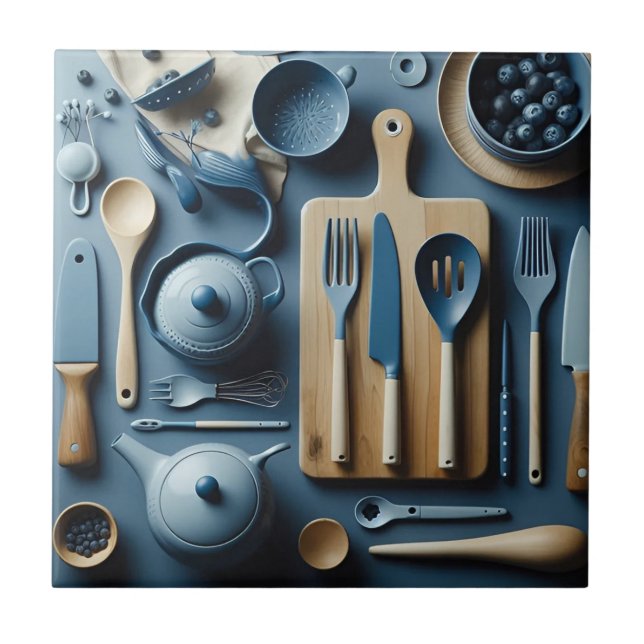 Cute Blue Kitchen Utensils Aesthetic Wallpaper Tile (Front)