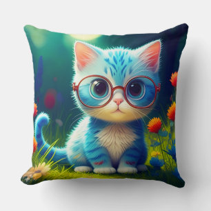 Cute Blue Kitten Wearing Glasses-276548 Cushion