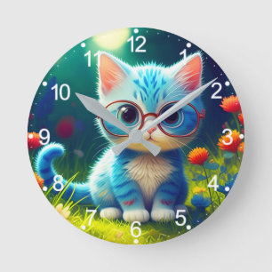 Cute Blue Kitten Wearing Glasses-276548 Round Clock