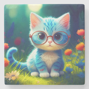 Cute Blue Kitten Wearing Glasses-276548 Stone Coaster