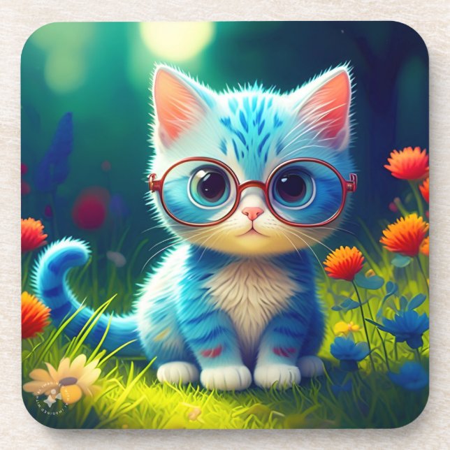 Cute Blue Kitten Wearing Glasses-47067 Coaster (Front)