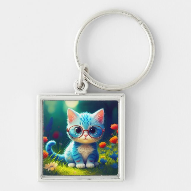 Cute Blue Kitten Wearing Glasses-47067 Key Ring (Front)