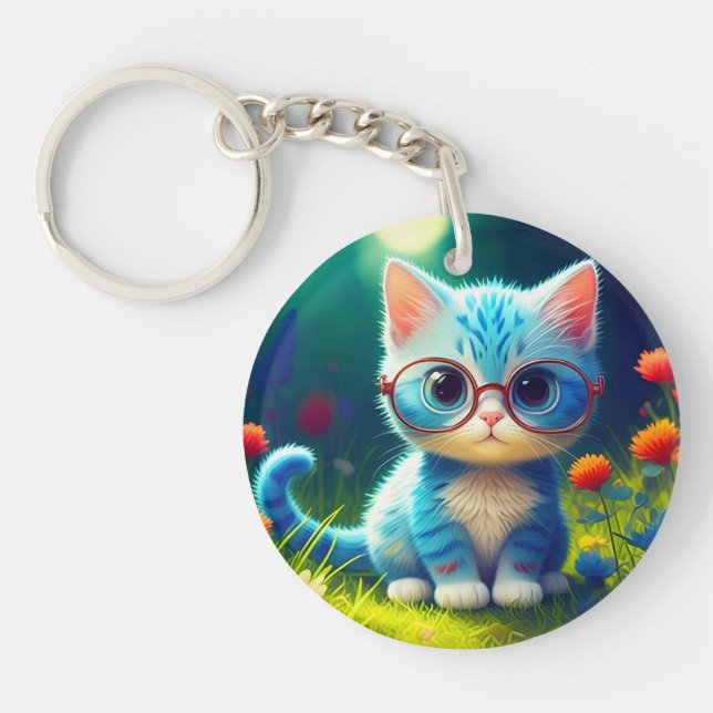 Cute Blue Kitten Wearing Glasses-47067 Key Ring (Front)