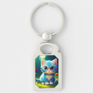 Cute Blue Kitten Wearing Glasses-47067 Key Ring