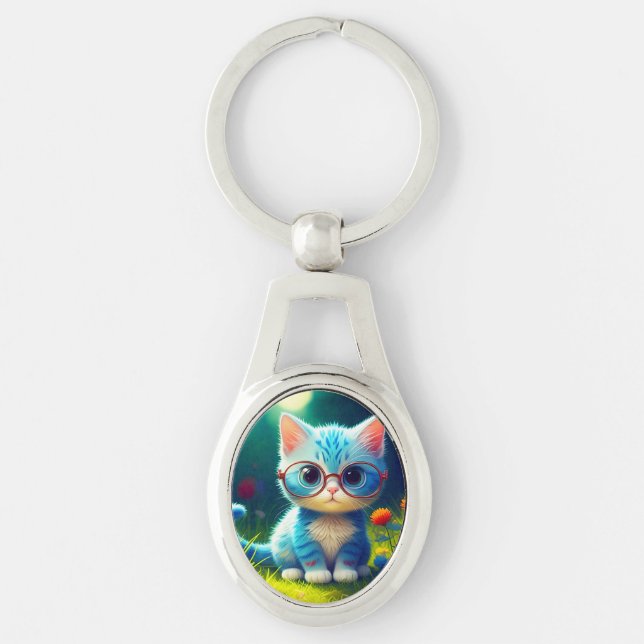 Cute Blue Kitten Wearing Glasses-47067 Key Ring (Front)