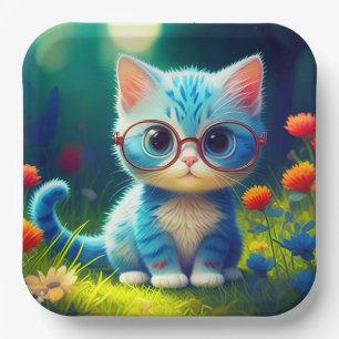 Cute Blue Kitten Wearing Glasses-47067 Paper Plate