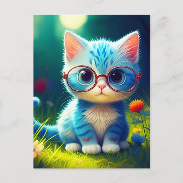 Cute Blue Kitten Wearing Glasses-47067 Postcard (Front)