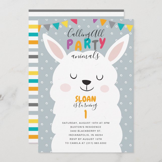 Cute Blue Lama Fun Fiesta Birthday Party Invitation (Front/Back)