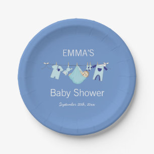 Cute Blue Laundry Clothesline Boy Baby Shower Paper Plate