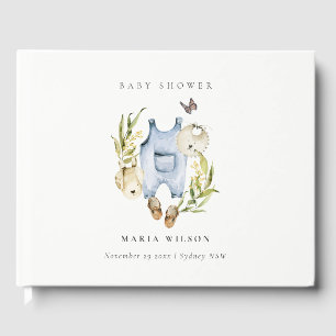 Cute Blue Leafy Foliage Boy Clothes Baby Shower Guest Book