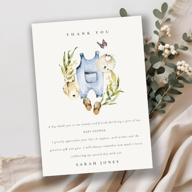 Cute Blue Leafy Foliage Boy Clothes Baby Shower Thank You Card (Creator Uploaded)