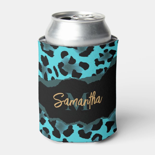 Cute Blue Leopard Print Can Cooler (Can Front)