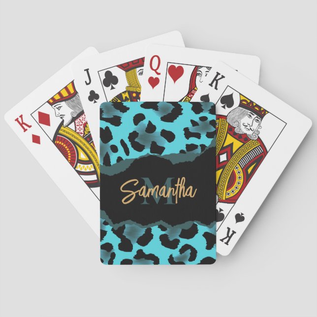 Cute Blue Leopard Print Playing Cards (Back)