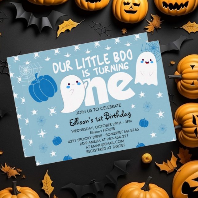 Cute Blue Little Boo Halloween First Birthday Invitation (Creator Uploaded)