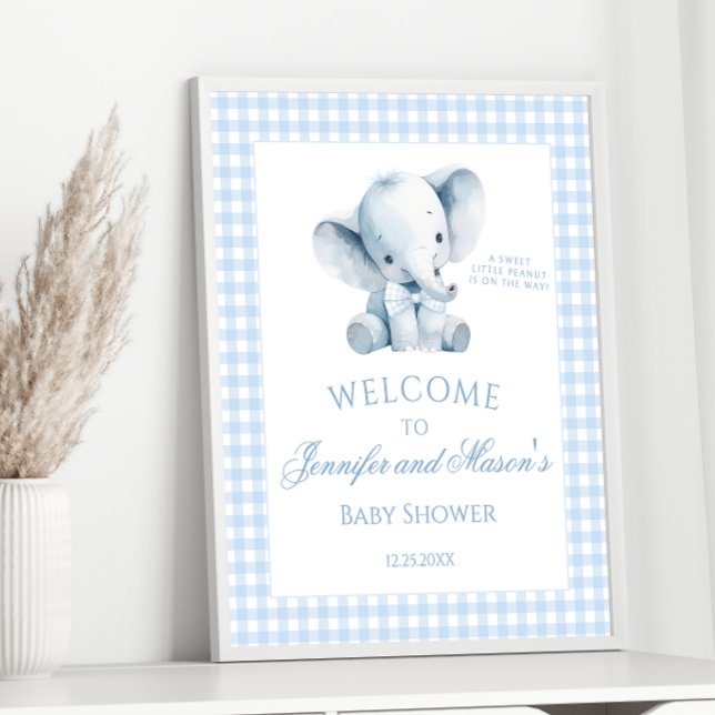Cute Blue Little Elephant Gingham Baby Boy Shower Poster (Creator Uploaded)