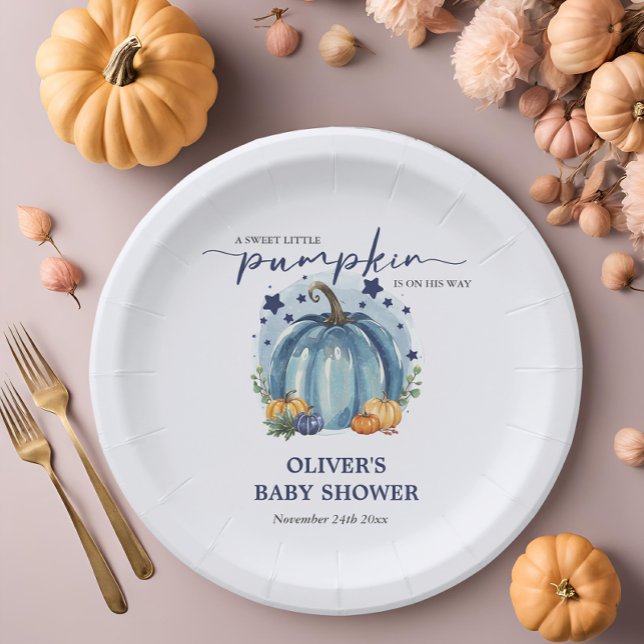 Cute Blue Little Pumpkin Baby Boy Shower   Paper Plate (Creator Uploaded)