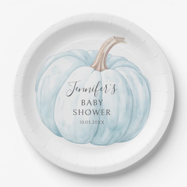 Cute blue little pumpkin themed baby boy shower paper plate (Front)