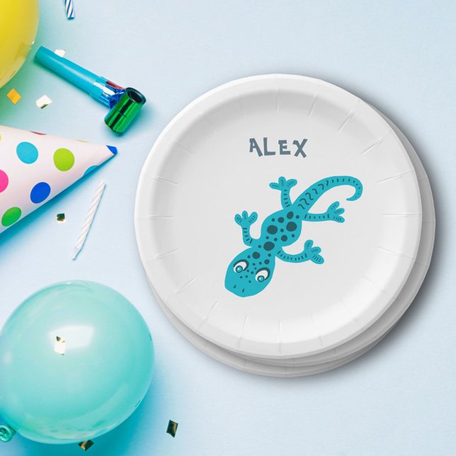 Cute Blue Lizard Gecko Birthday Name Paper Plate (Creator Uploaded)