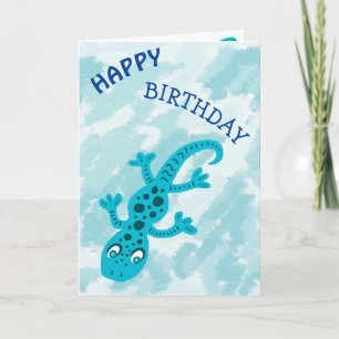 Cute Blue Lizard Gecko on Blue Happy Birthday Card