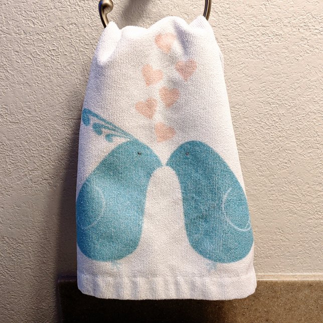 Cute Blue Love Bird Couple, Pink Hearts, White Bath Towel Set (Creator Uploaded)