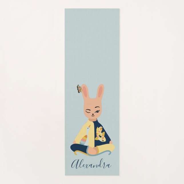 Cute Blue Meditating Bunny Rabbit Yogi Kids Yoga Mat (Front)