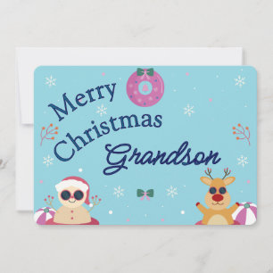 Cute Blue Merry Christmas Grandson Holiday Card