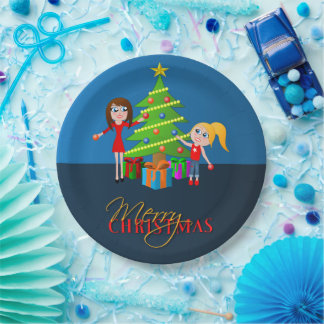 Cute Blue Merry Christmas Xmas Tree Paper Plate