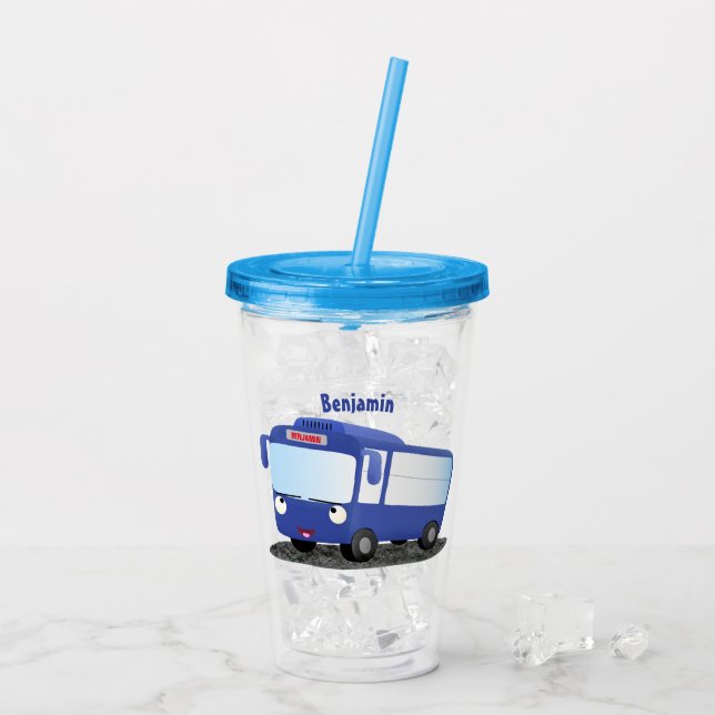 Cute blue modern bus cartoon illustration acrylic tumbler (Back Ice)