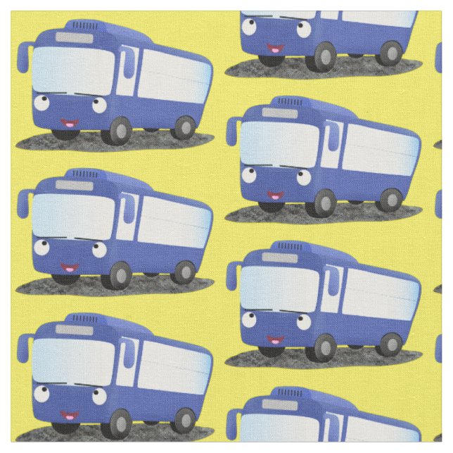 Cute blue modern bus cartoon illustration fabric (Close Up)