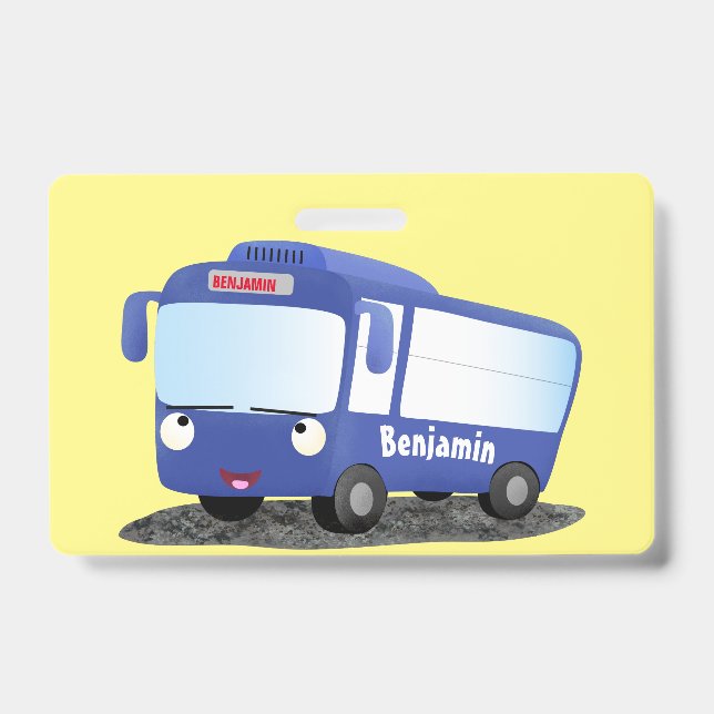 Cute blue modern bus cartoon illustration ID badge (Front)