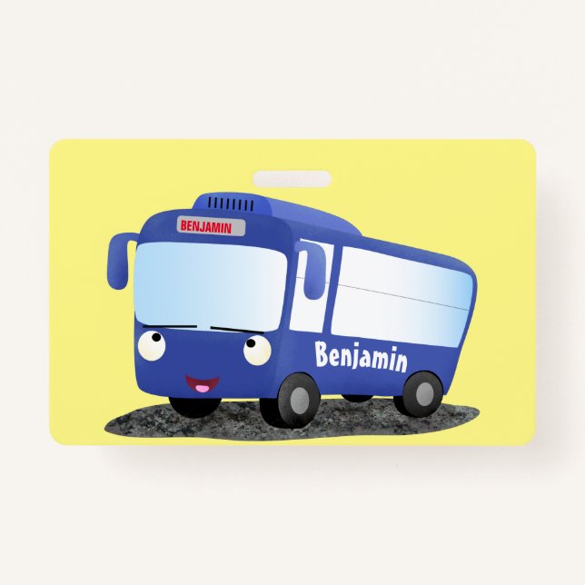 Cute blue modern bus cartoon illustration ID badge (Front)