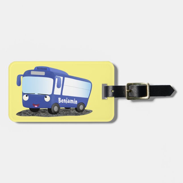 Cute blue modern bus cartoon illustration luggage tag (Front Horizontal)