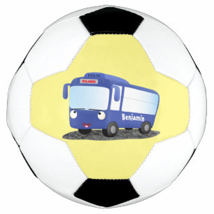 Cute blue modern bus cartoon illustration soccer ball