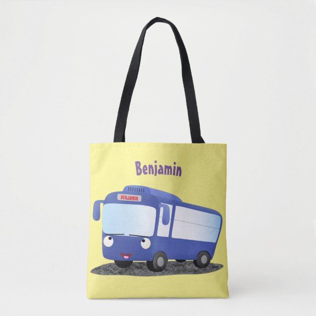 Cute blue modern bus cartoon illustration tote bag (Front)