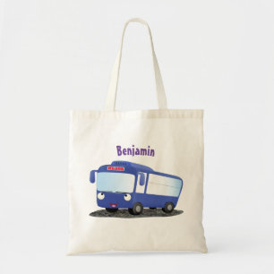 Cute blue modern bus cartoon illustration tote bag