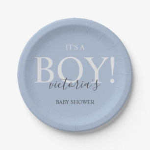 Cute Blue Modern Whimsical Typography Baby Shower Paper Plate