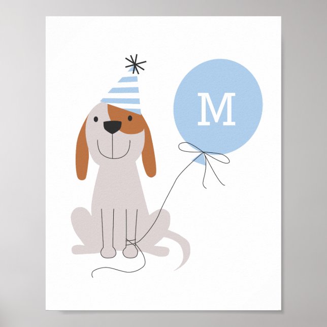 Cute Blue Monogram Puppy Dog Nursery Room Poster (Front)