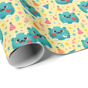 Cute Blue Monster 1st Birthday Invitation Wrapping Paper