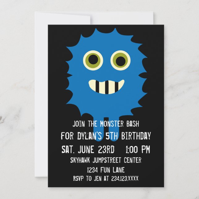 Cute Blue Monster Birthday Party Invitations (Front)