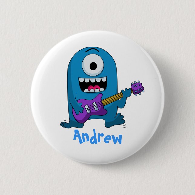 Cute Blue Monster Guitarist 6 Cm Round Badge (Front)