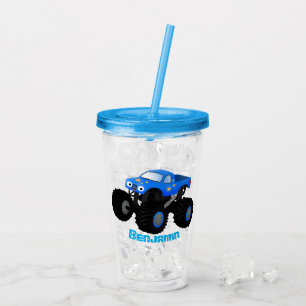 Cute blue monster truck cartoon illustration acrylic tumbler