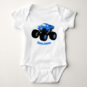 Cute blue monster truck cartoon illustration baby bodysuit