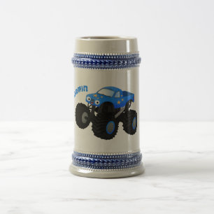 Cute blue monster truck cartoon illustration beer stein