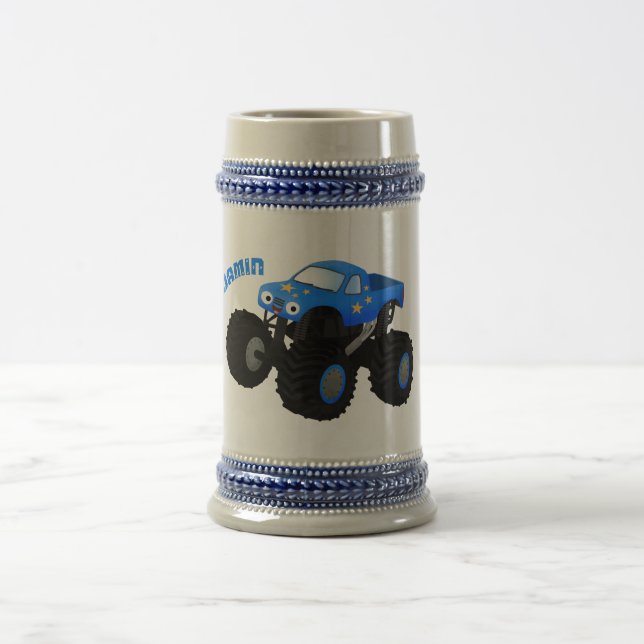 Cute blue monster truck cartoon illustration beer stein (Center)