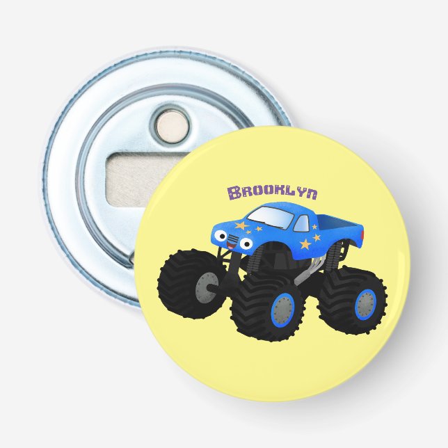 Cute blue monster truck cartoon illustration bottle opener (Front)