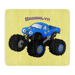 Cute blue monster truck cartoon illustration cutting board