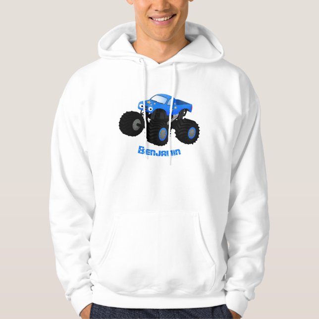 Cute blue monster truck cartoon illustration hoodie (Front)