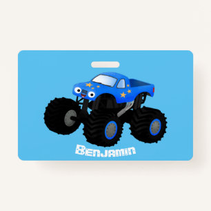 Cute blue monster truck cartoon illustration ID badge