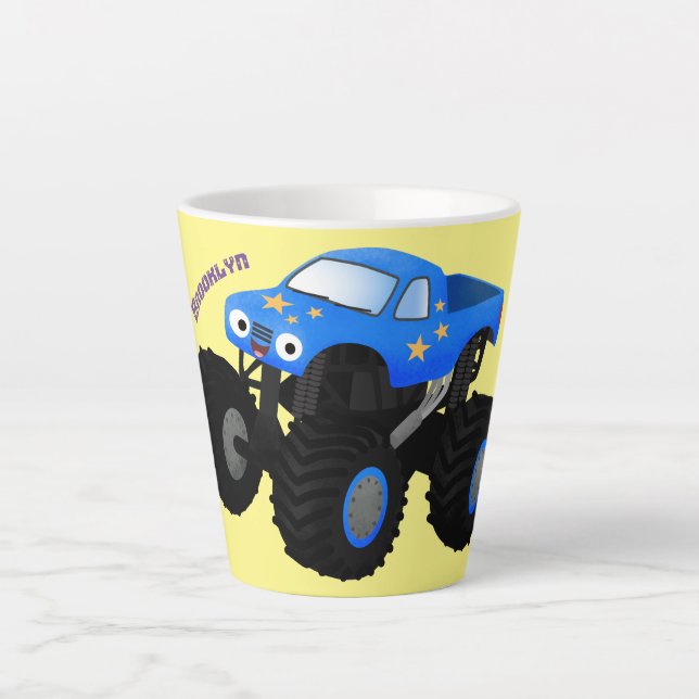 Cute blue monster truck cartoon illustration latte mug (Front)