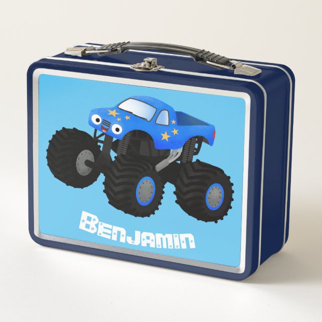 Cute blue monster truck cartoon illustration metal lunch box (Front)